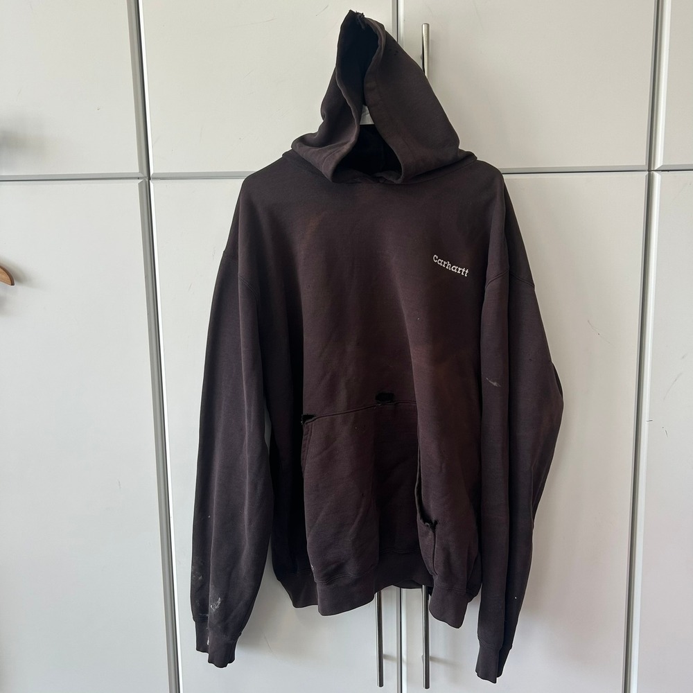 Carhartt Mens LT Tall Brown Distressed Hooded Sweatshirt Faded Logo Hoodie